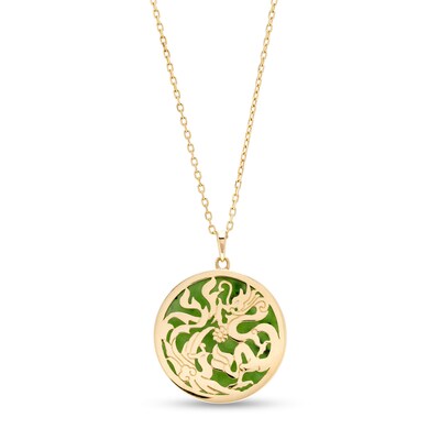 Jade Dragon Medallion Pendant in 14K Gold