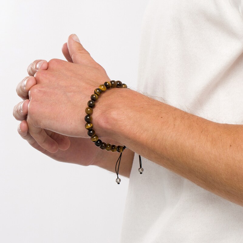 Main Image 2 of 8.0mm Brown Quartz Bead Tribal Pattern Bolo Bracelet in Stainless Steel and Black Ion-Plate – 10.5"