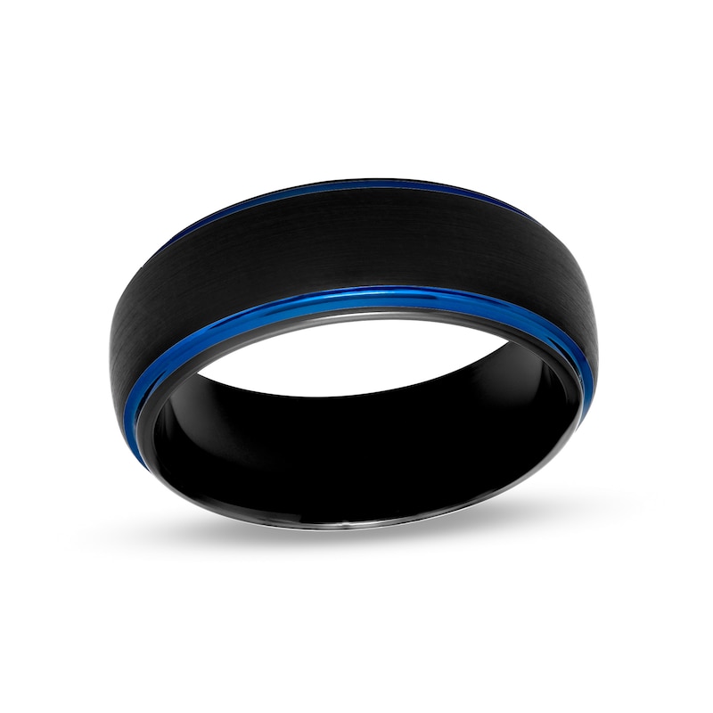 Men's 8.0mm Brushed Stepped Edge Band in Tungsten with Black and Blue Ion-Plate – Size 10|Peoples Jewellers