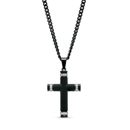 Men's 0.088 CT. T.W. Diamond Round Barrel-Ends Textured Cross Pendant in Stainless Steel and Black Ion-Plate – 24&quot;