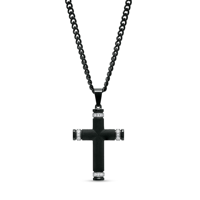 Men's 0.088 CT. T.W. Diamond Round Barrel-Ends Textured Cross Pendant in Stainless Steel and Black Ion-Plate – 24"