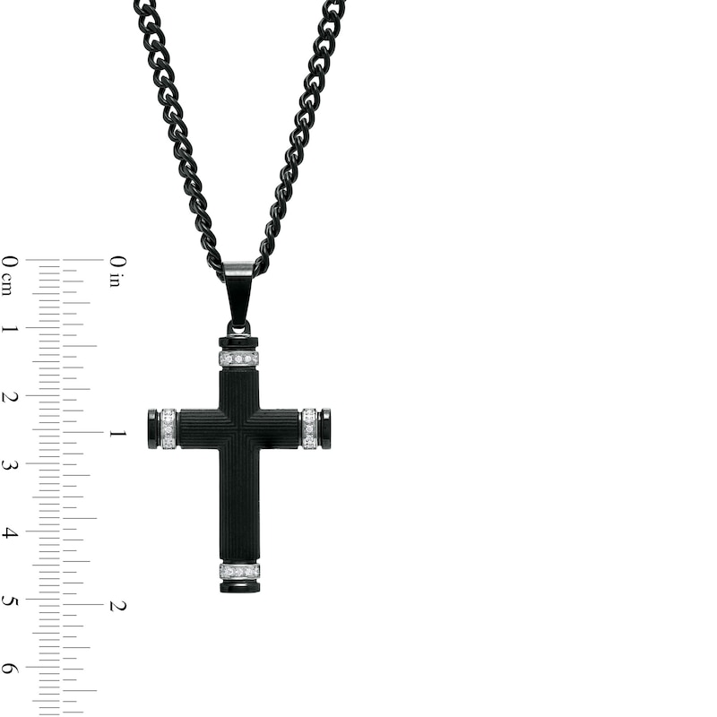 Men's 0.088 CT. T.W. Diamond Round Barrel-Ends Textured Cross Pendant in Stainless Steel and Black Ion-Plate – 24"