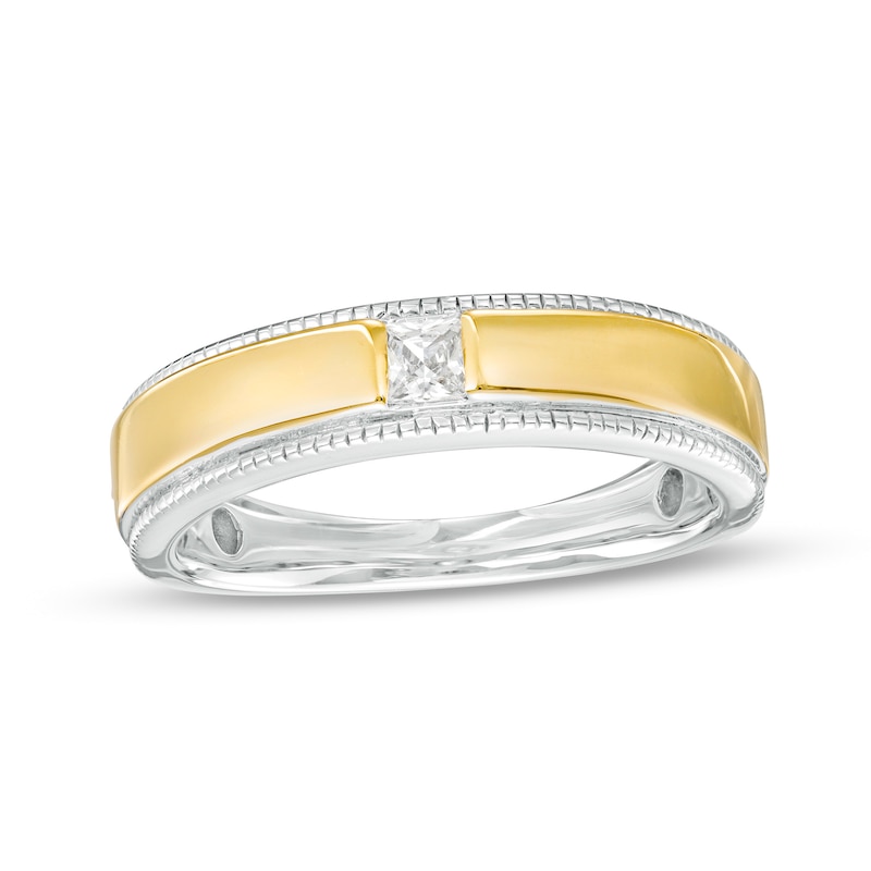 Men's 0.18 CT. Square-Cut Diamond Solitaire Milgrain Edge Band in 10K Two-Tone Gold