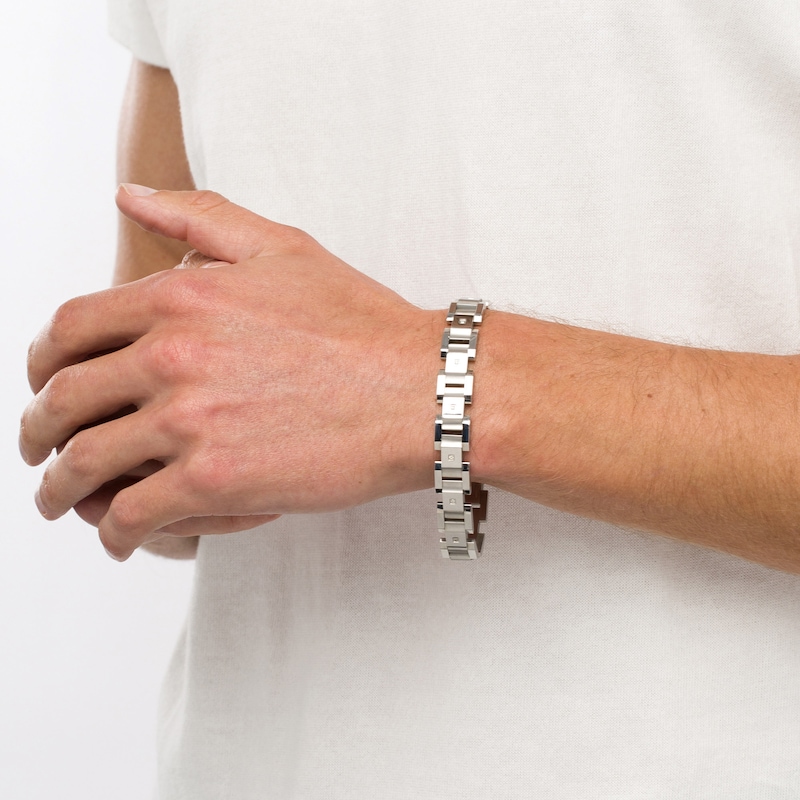 Main Image 2 of Men's 0.086 CT. T.W. Diamond Multi-Finish Curved Slope Triple Row Link Chain Bracelet in Stainless Steel – 8.8"