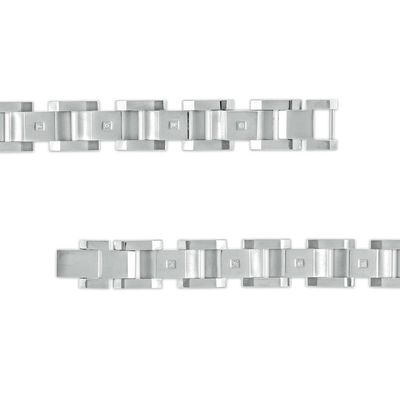 Main Image 3 of Men's 0.086 CT. T.W. Diamond Multi-Finish Curved Slope Triple Row Link Chain Bracelet in Stainless Steel – 8.8"