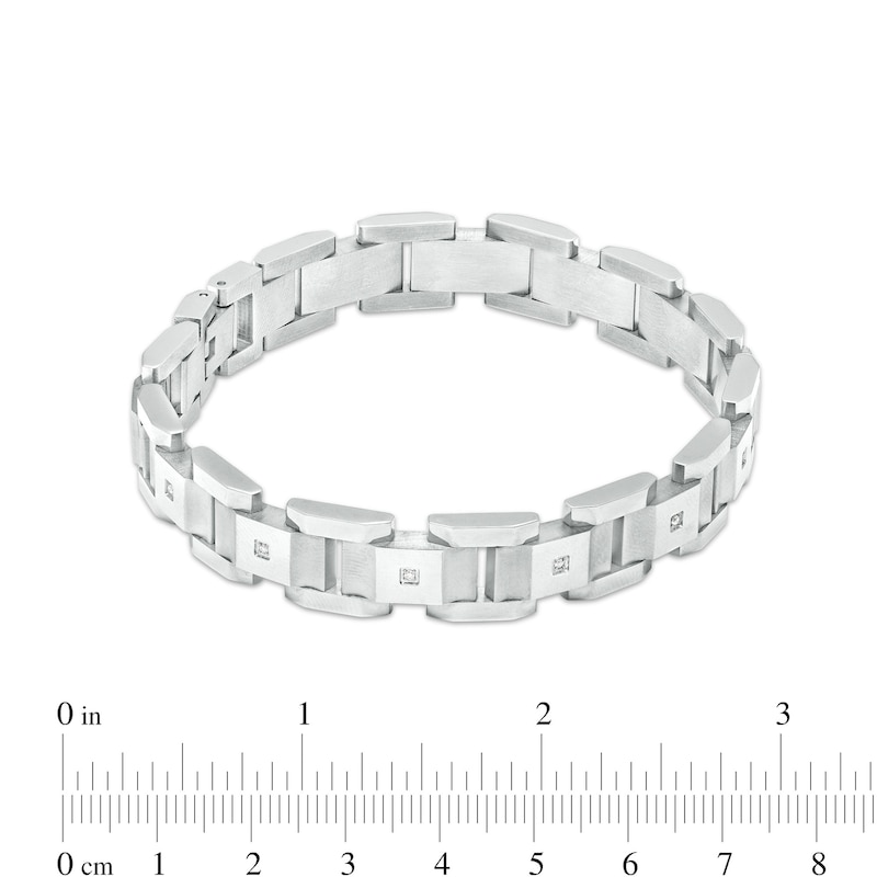 Main Image 4 of Men's 0.086 CT. T.W. Diamond Multi-Finish Curved Slope Triple Row Link Chain Bracelet in Stainless Steel – 8.8"