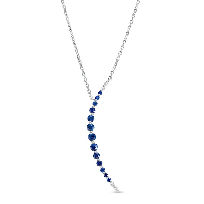 Blue Sapphire and Diamond Accent Graduated Curved Bar Necklace in 10K White Gold