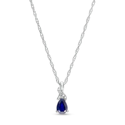 Pear-Shaped Blue Sapphire and Diamond Accent Swirl Ribbon Teardrop Pendant in 10K White Gold