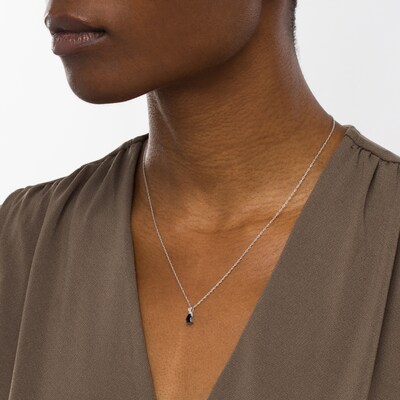 Pear-Shaped Blue Sapphire and Diamond Accent Swirl Ribbon Teardrop Pendant in 10K White Gold