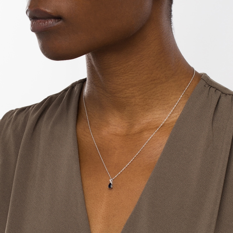Main Image 2 of Pear-Shaped Blue Sapphire and Diamond Accent Swirl Ribbon Teardrop Pendant in 10K White Gold