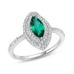 Marquise Lab-Created Emerald and White Lab-Created Sapphire Bypass Double Frame Ring in Sterling Silver
