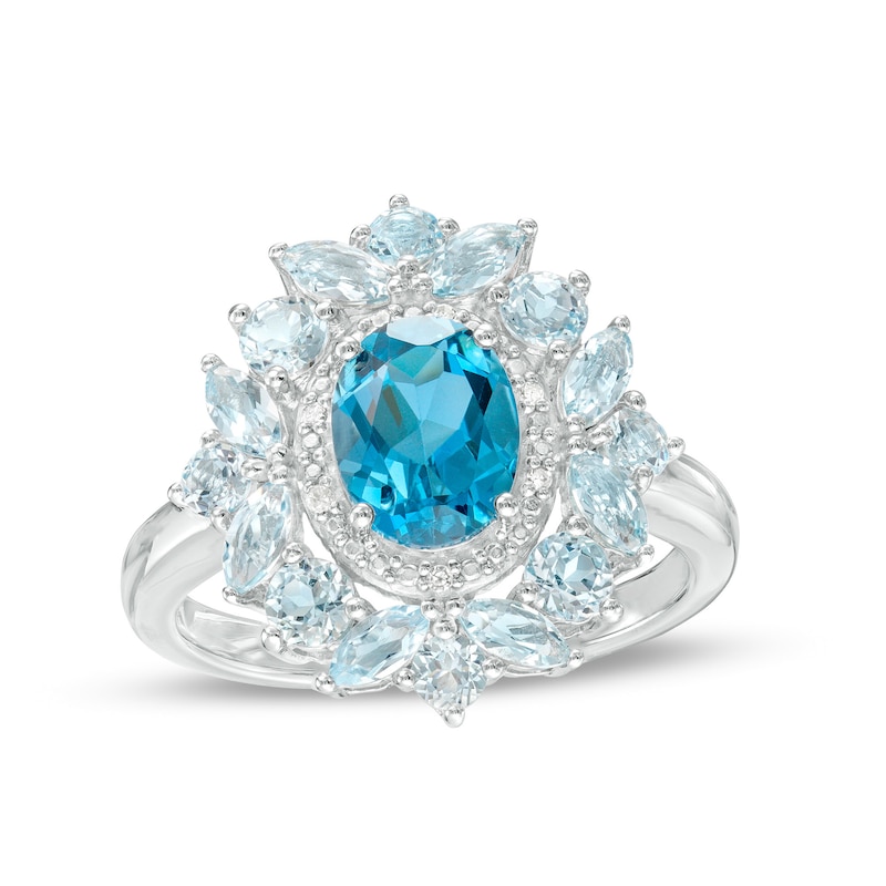 Oval London and Sky Blue Topaz with Diamond Accent Petal Frame Flower Ring in Sterling Silver