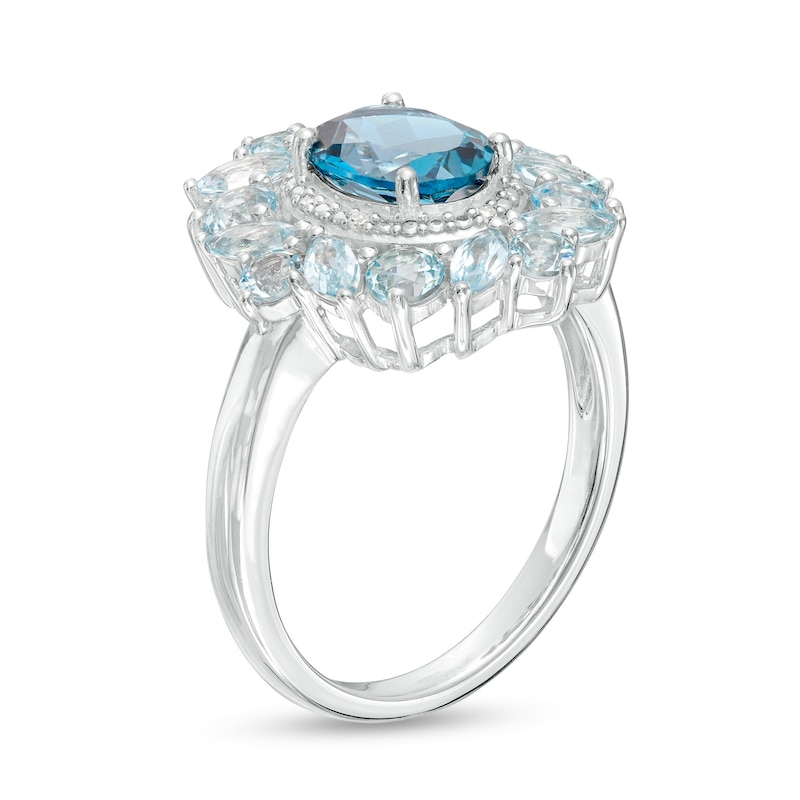 Main Image 3 of Oval London and Sky Blue Topaz with Diamond Accent Petal Frame Flower Ring in Sterling Silver