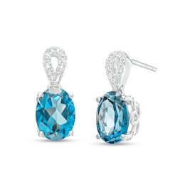 Oval London Blue Topaz and Diamond Accent Ribbon Loop Drop Earrings in 10K White Gold