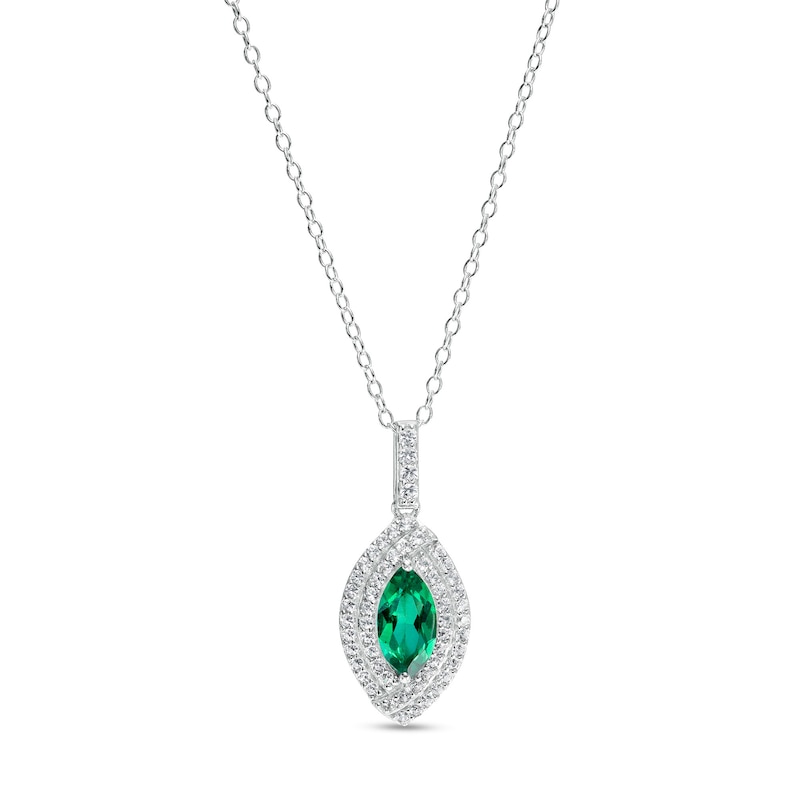 Marquise Lab-Created Emerald and White Lab-Created Sapphire Bypass Double Frame Drop Pendant in Sterling Silver - 20"