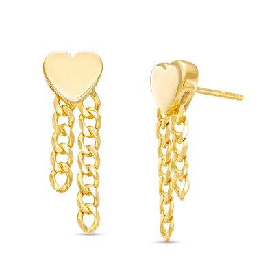 Heart Double Curb Chain Drop Earrings in Solid 10K Gold