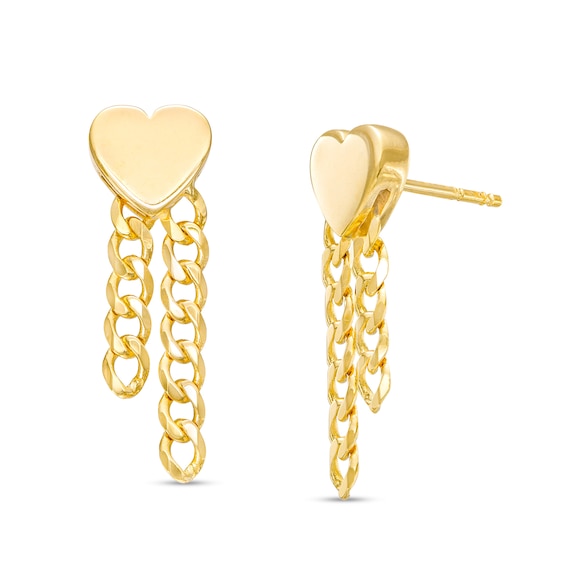 Solid Heart Double Curb Chain Drop Earrings in 10K Gold