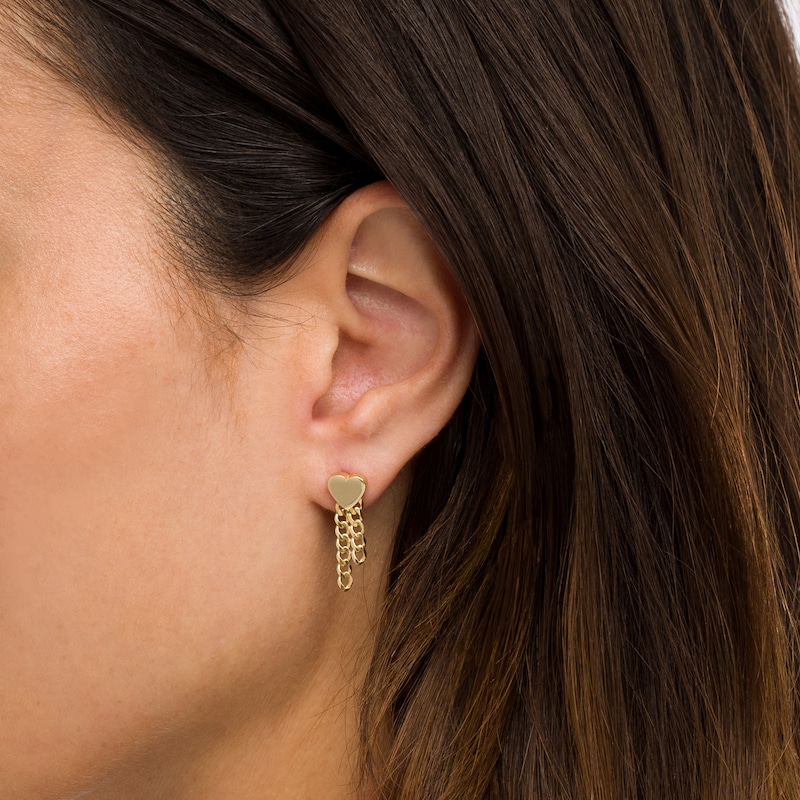 Main Image 2 of Heart Double Curb Chain Drop Earrings in Solid 10K Gold