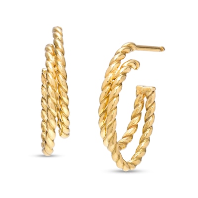 10.0mm Rope-Textured Double Row Oval J-Hoop Earrings in 14K Gold