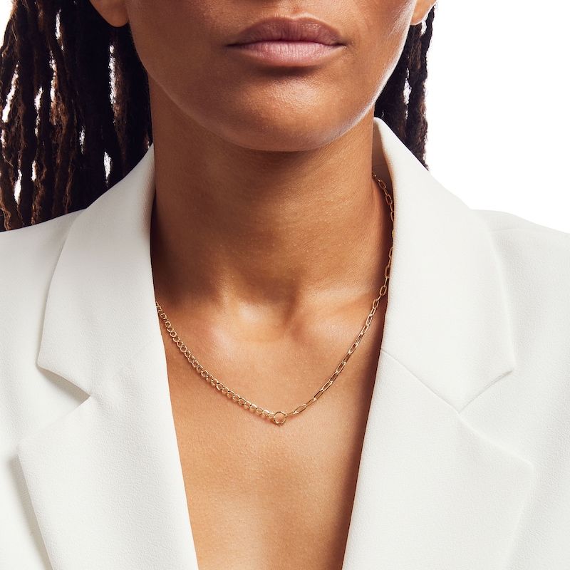 Paper Clip Link and Curb Chain Half-and-Half Necklace in Hollow 14K Gold