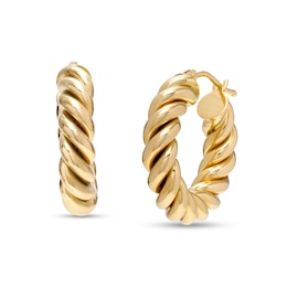 Italian Gold 10.0mm Rope-Textured Tube Huggie Hoop Earrings in 14K Gold