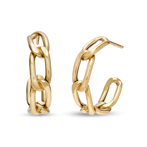 15.0mm Flat Curb Chain Link J-Hoop Earrings in 14K Gold