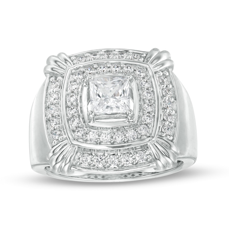 Men's 2.00 CT. T.W. Square-Cut Certified Lab-Created Diamond Double Row Cushion Claw Ring in 14K White Gold (F/SI2)|Peoples Jewellers