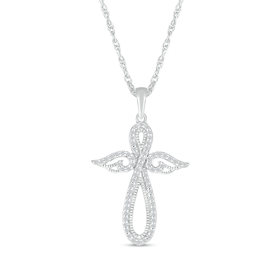 0.23 CT. T.W. Diamond Angel Figure Cross Pendant in Sterling Silver