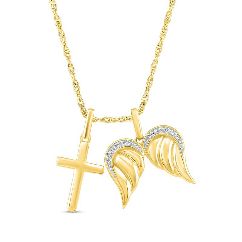 Main Image 1 of 0.04 CT. T.W. Diamond Angel Wings and Cross Charm Pendant in Sterling Silver with 14K Gold Plate