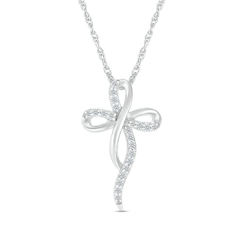 Main Image 1 of 0.116 CT. T.W. Diamond Dainty Ribbon Cross Pendant in Sterling Silver