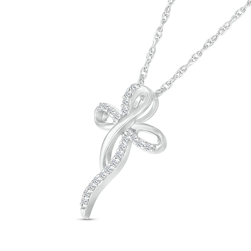 Main Image 2 of 0.116 CT. T.W. Diamond Dainty Ribbon Cross Pendant in Sterling Silver