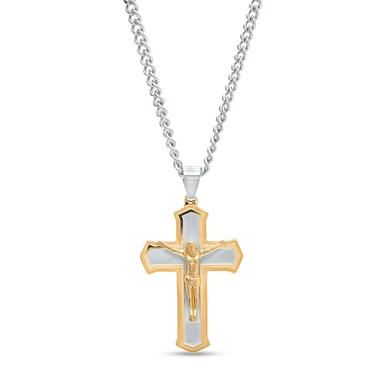 Men's Layered Gothic-Style Crucifix Pendant in Stainless Steel and Yellow Ion-Plate – 24"|Peoples Jewellers