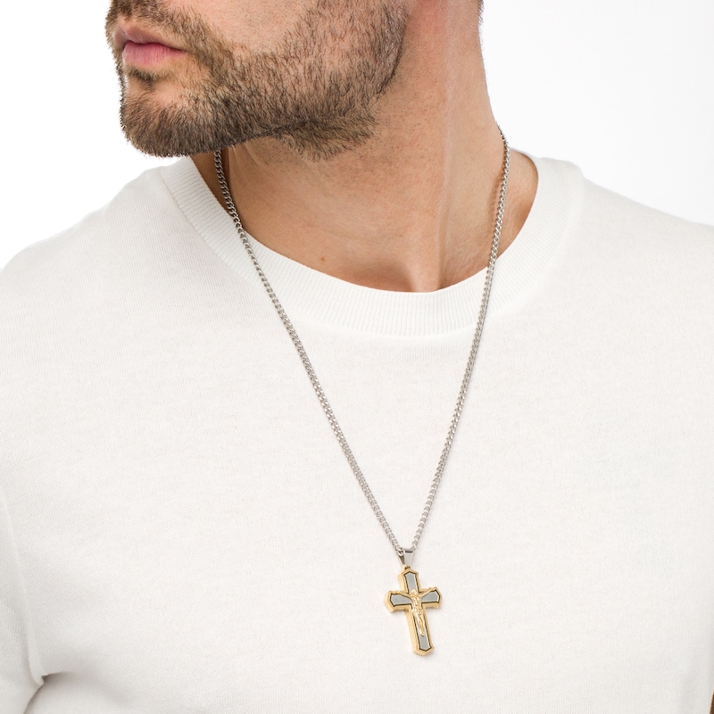 Main Image 2 of Men's Layered Gothic-Style Crucifix Pendant in Stainless Steel and Yellow Ion-Plate – 24"