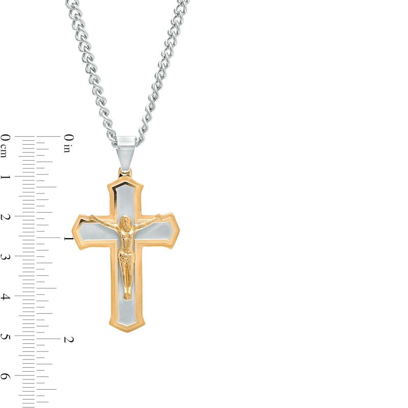 Main Image 3 of Men's Layered Gothic-Style Crucifix Pendant in Stainless Steel and Yellow Ion-Plate – 24"