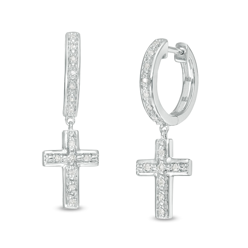 0.085 CT. T.W. Diamond Cross Dangle Huggie Hoop Earrings in Sterling Silver|Peoples Jewellers