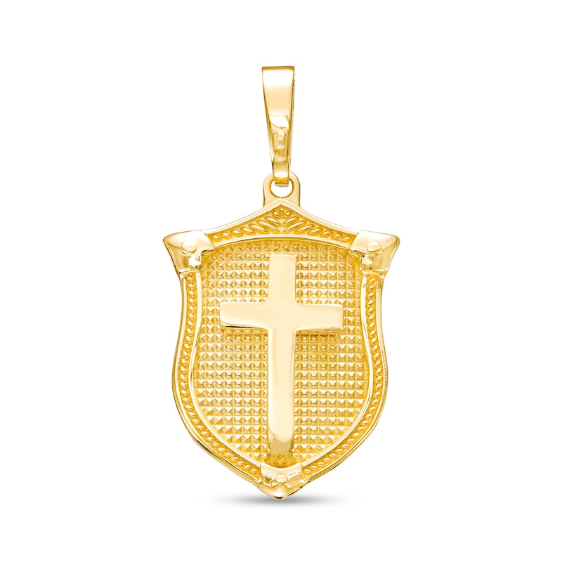 Men's Textured Shield with Cross Necklace Charm in 10K Gold|Peoples Jewellers