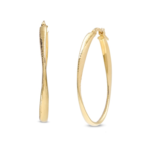 Italian Gold 22.5mm Diamond-Cut Twist Flat Tube Oval Hoop Earrings in 18K Gold
