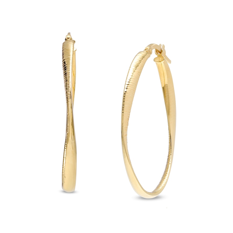 Italian Gold 22.5mm Diamond-Cut Twist Flat Tube Oval Hoop Earrings in 18K Gold