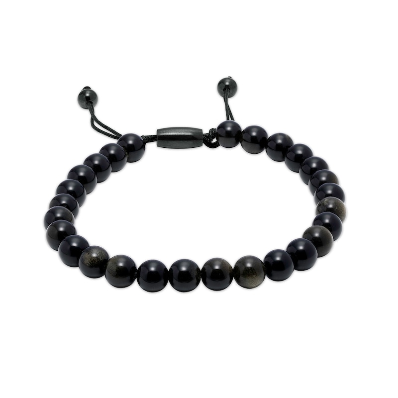 Main Image 1 of Men's 8.0mm Obsidian Bead Bolo Bracelet in Stainless Steel with Black Ion-Plate – 10.5"