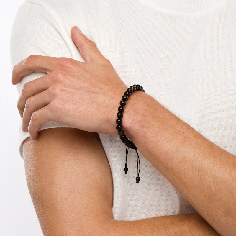 Main Image 2 of Men's 8.0mm Obsidian Bead Bolo Bracelet in Stainless Steel with Black Ion-Plate – 10.5"