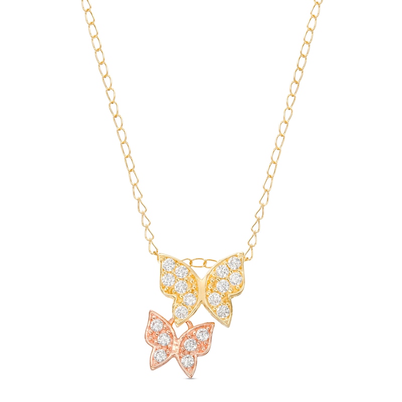 Main Image 1 of Child's Cubic Zirconia Large and Small Butterfly Pendant in 14K Two-Tone Gold - 15"