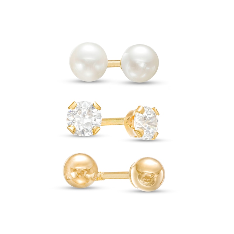 Child's 3.0mm Cultured Freshwater Pearl, Cubic Zirconia and Polished Ball Stud Earrings Set in 14K Gold|Peoples Jewellers