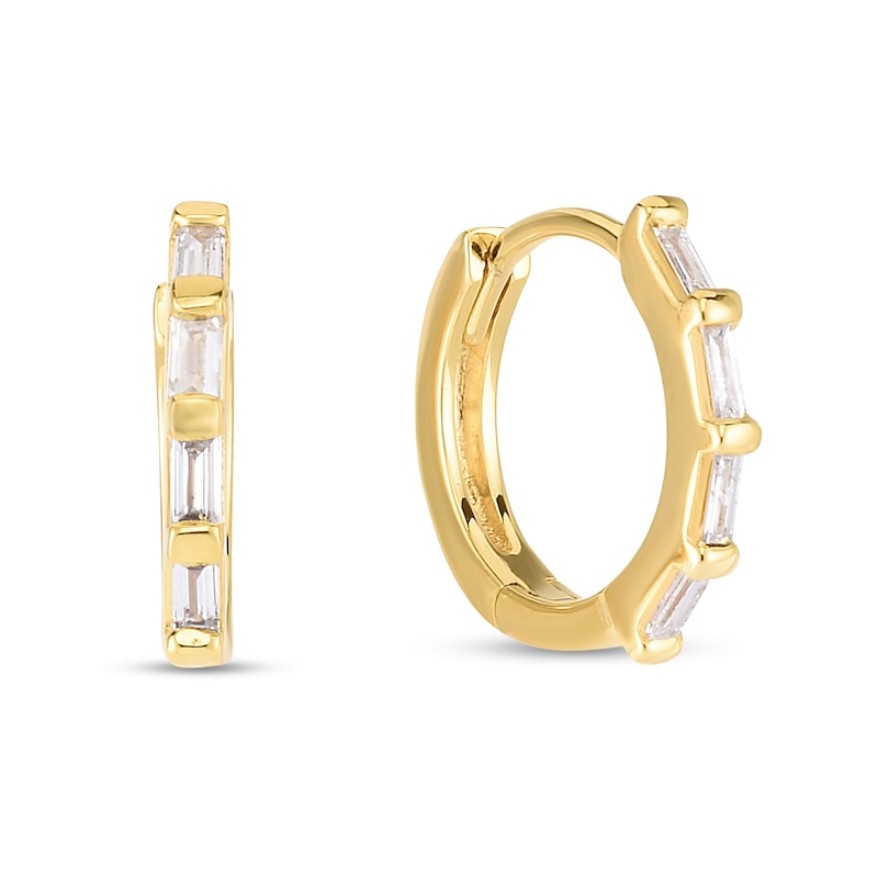 0.14 CT. T.W. Baguette Diamond Four Stone Hoop Earrings in Sterling Silver with 14K Gold Plate|Peoples Jewellers