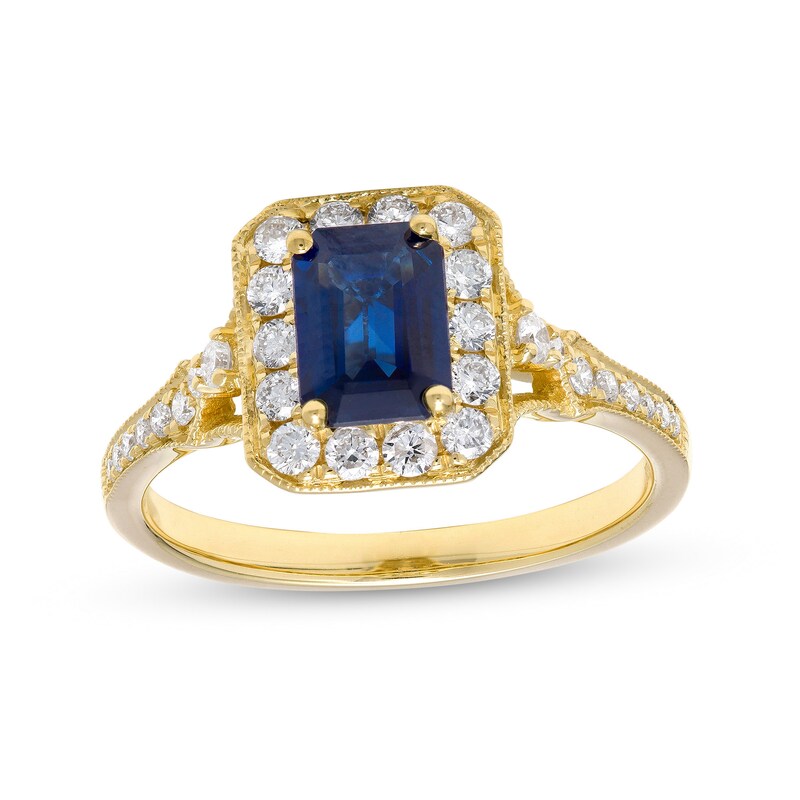 Emerald-Cut Blue Sapphire and 0.40 CT. T.W. Diamond Octagonal Frame Split Shank Buckle Ring in 10K Gold|Peoples Jewellers