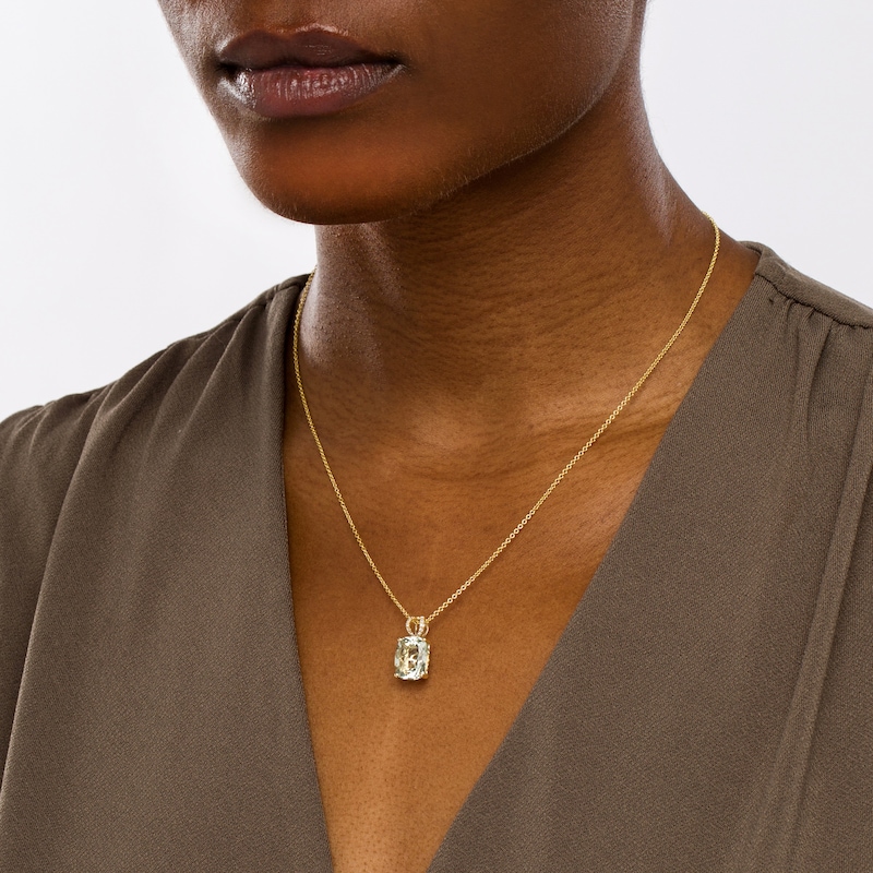 Main Image 2 of EFFY™ Collection Cushion-Cut Green Quartz and 0.04 CT. T.W. Diamond Filigree Side Accent Split Bail Pendant in 14K Gold