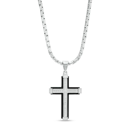 Men's 0.147 CT. T.W. Diamond Slope-Ends Layered Cross Pendant in Stainless Steel and Black Ion-Plate – 24&quot;