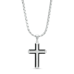 Men's 0.147 CT. T.W. Diamond Slope-Ends Layered Cross Pendant in Stainless Steel and Black Ion-Plate – 24"
