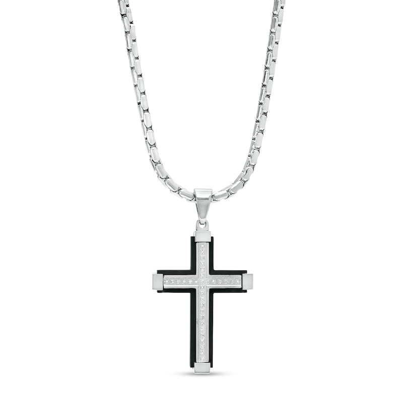 Men's 0.147 CT. T.W. Diamond Slope-Ends Layered Cross Pendant in Stainless Steel and Black Ion-Plate – 24"