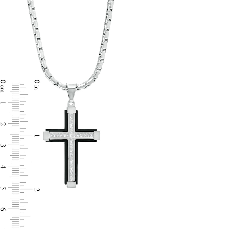 Men's 0.147 CT. T.W. Diamond Slope-Ends Layered Cross Pendant in Stainless Steel and Black Ion-Plate – 24"