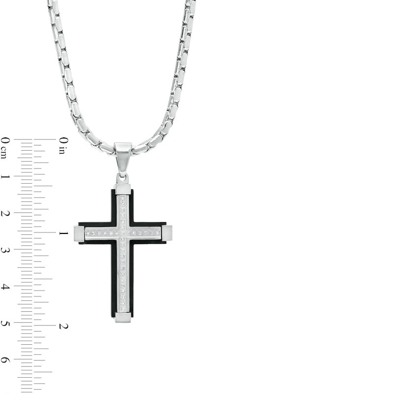 Main Image 2 of Men's 0.147 CT. T.W. Diamond Slope-Ends Layered Cross Pendant in Stainless Steel and Black Ion-Plate – 24"